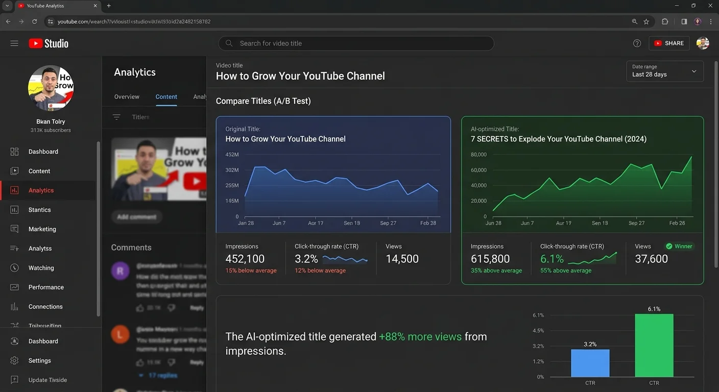 YouTube Studio analytics displaying click-through rate data for title testing