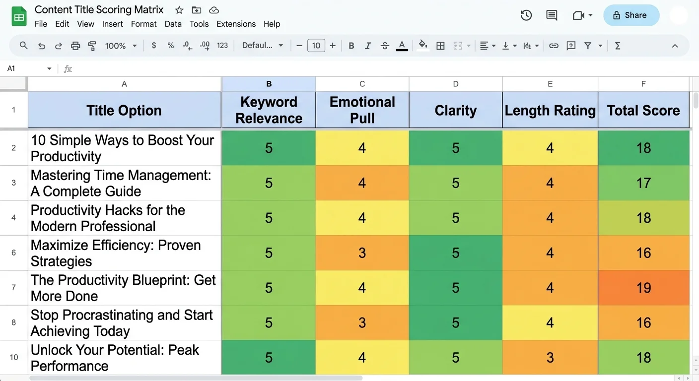 Title optimization scoring spreadsheet with AI-generated title candidates ranked by performance criteria