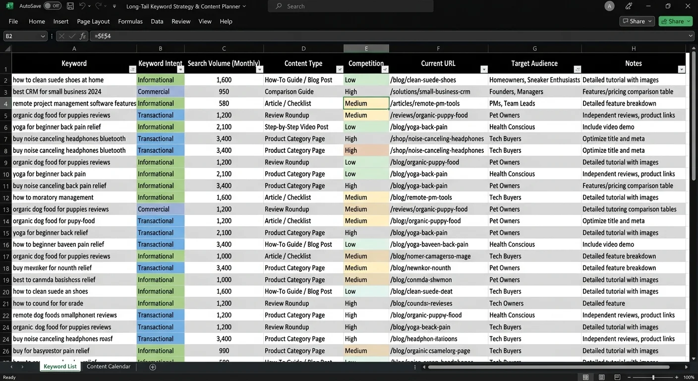 Long-tail keyword research spreadsheet for AI title generation